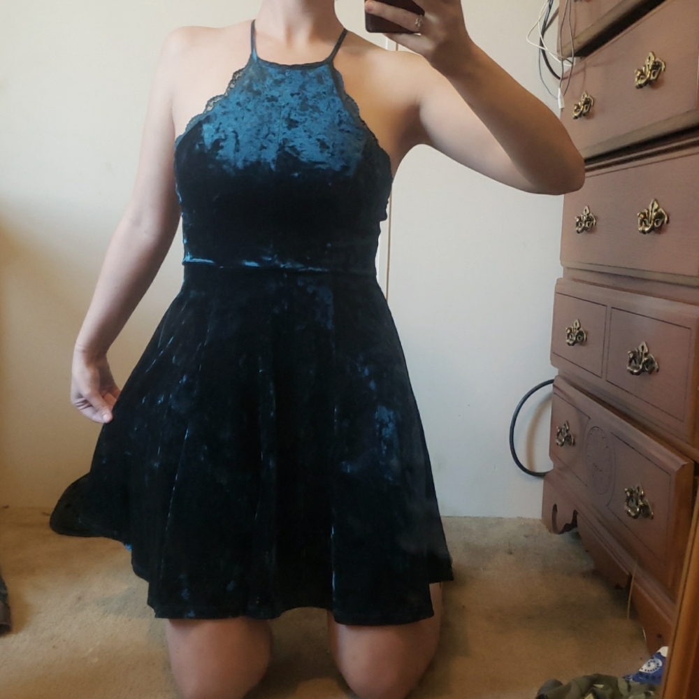 My Michelle Velvet Teal Cross Back Dress